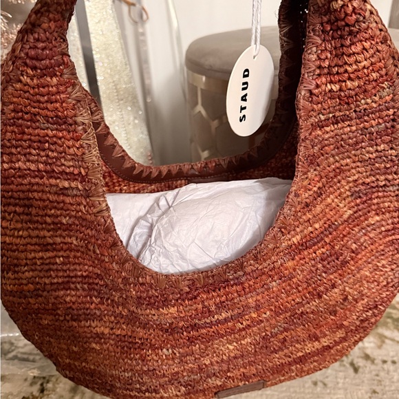 STAUD Large Mahogany Brown Raffia Shoulder Bag NWT - Picture 9 of 11